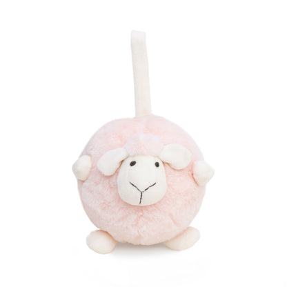 A round and plush sheep toy in soft pink by Le Petit Society stands against a white background.