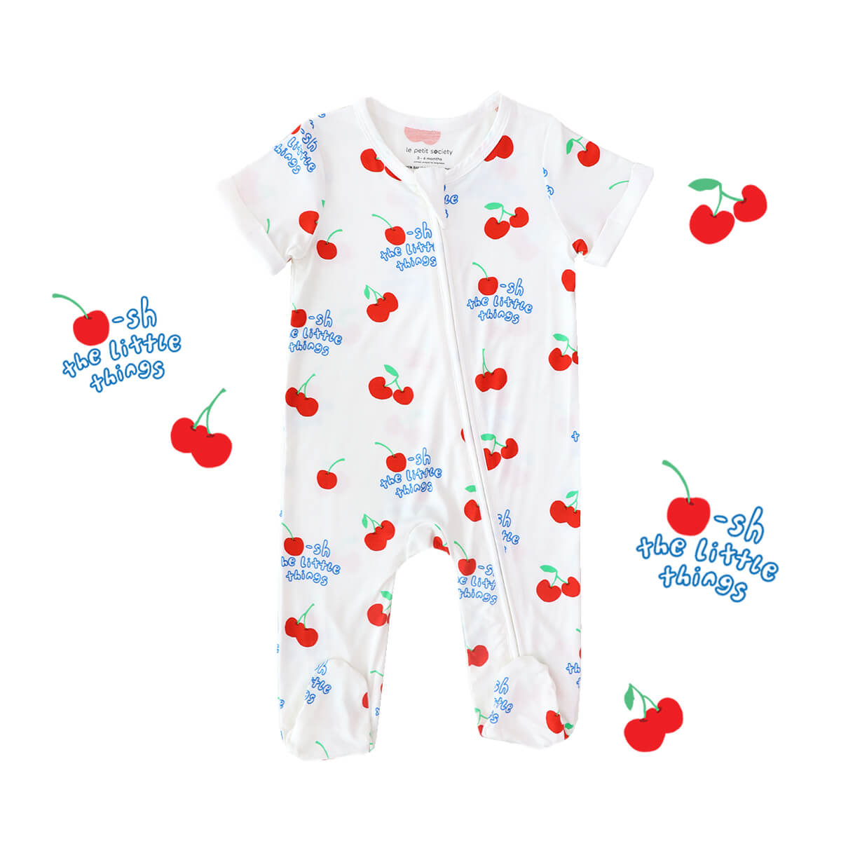 Baby Bamboo Short Sleeves Sleepsuit in Cherry Print by Le Petit Society — image 6