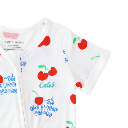 Baby Bamboo Short Sleeves Sleepsuit in Cherry Print by Le Petit Society — image 3