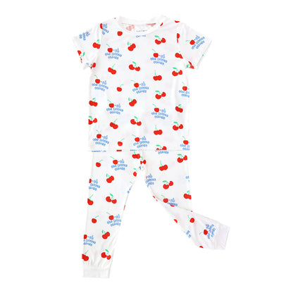 Kids Bamboo Short Sleeves Pyjamas in Cherry Print by Le Petit Society — image 2