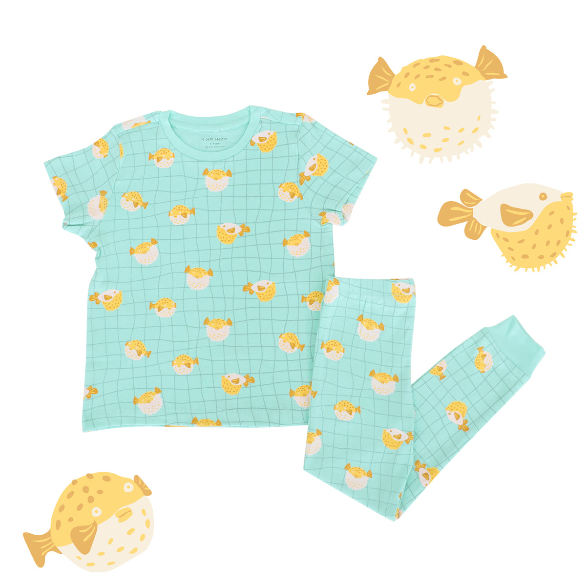 Kids Short Sleeves Organic Pyjamas Set in Puffer Fish Print by Le Petit Society — image 11