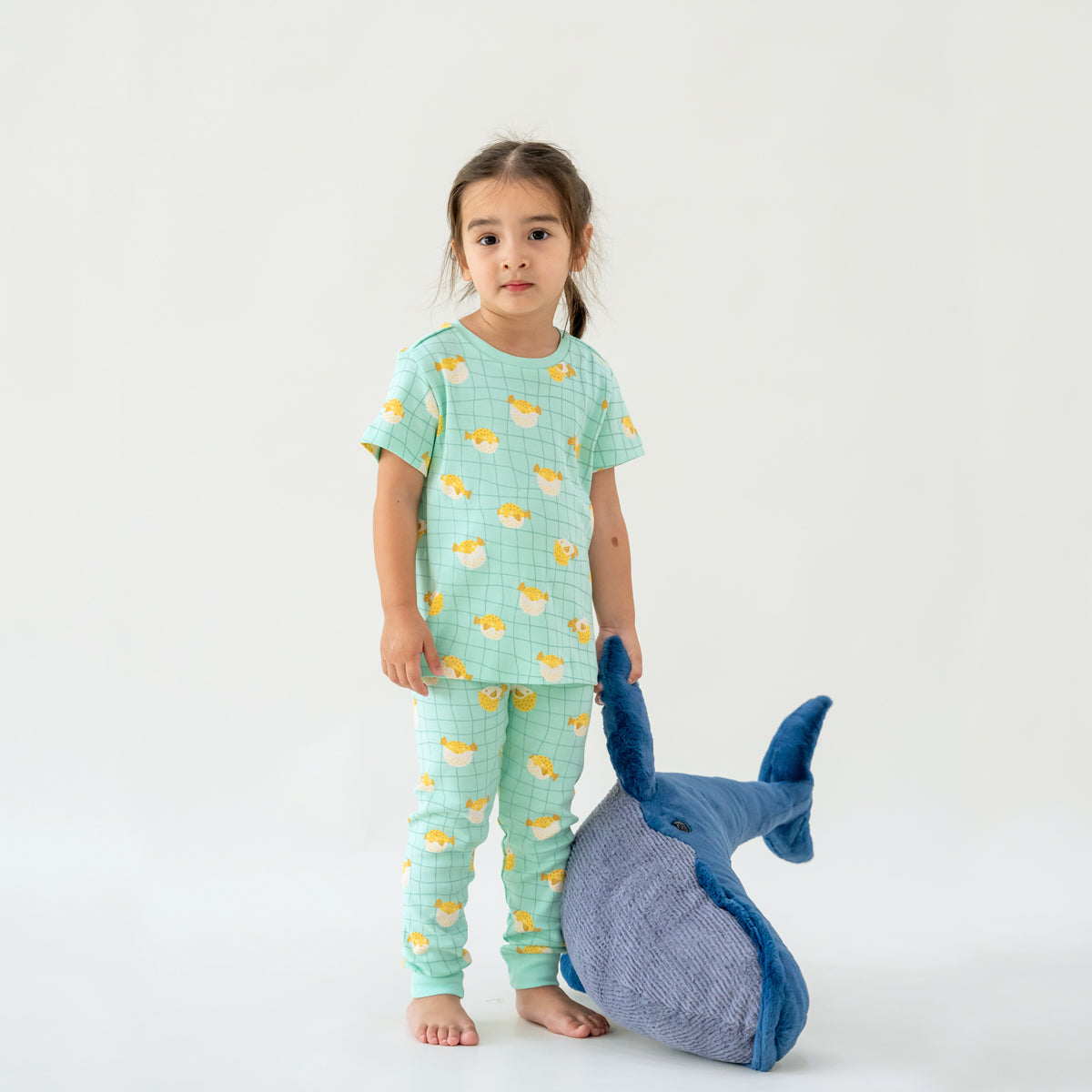 Kids Short Sleeves Organic Pyjamas Set in Puffer Fish Print by Le Petit Society — image 7