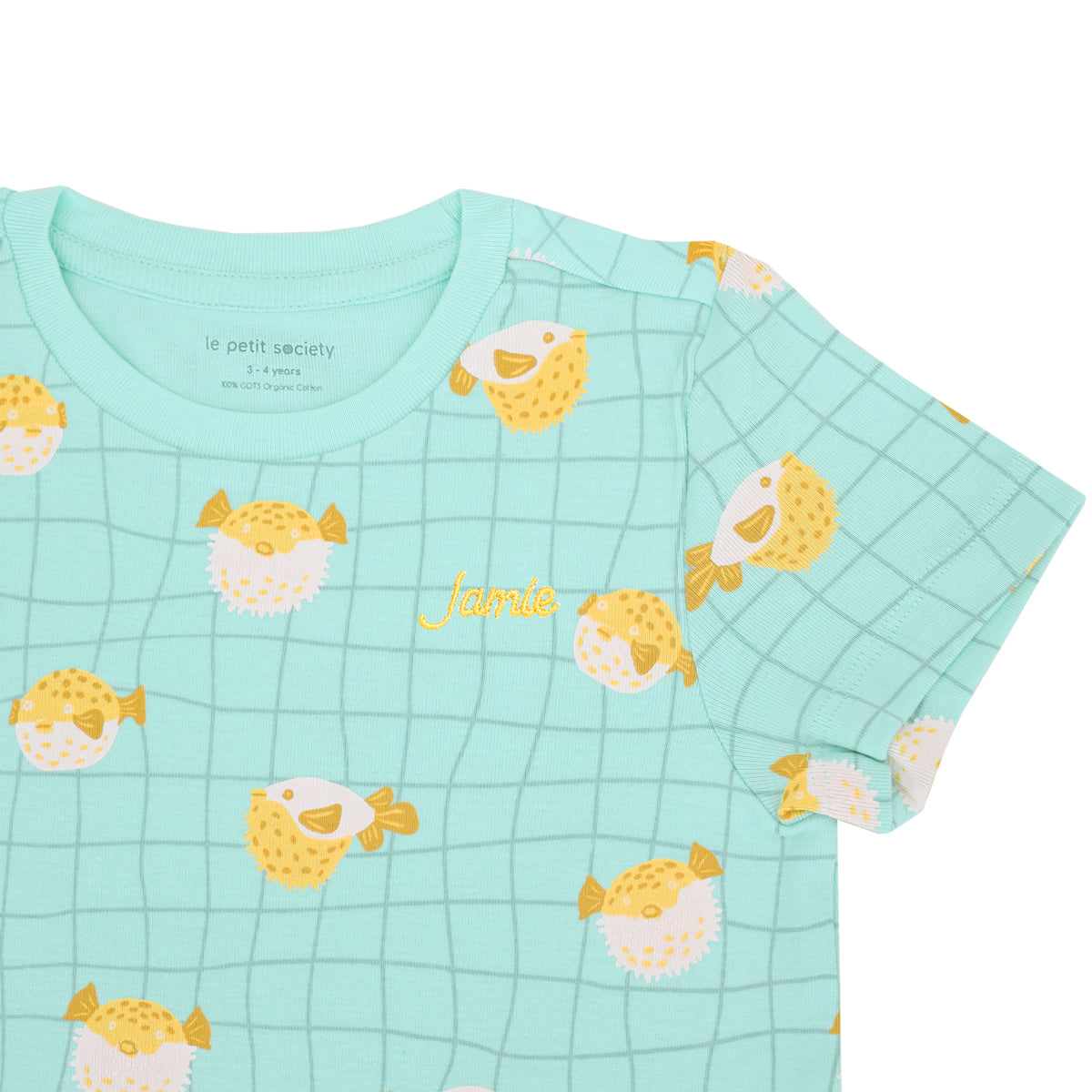 Kids Short Sleeves Organic Pyjamas Set in Puffer Fish Print by Le Petit Society — image 4