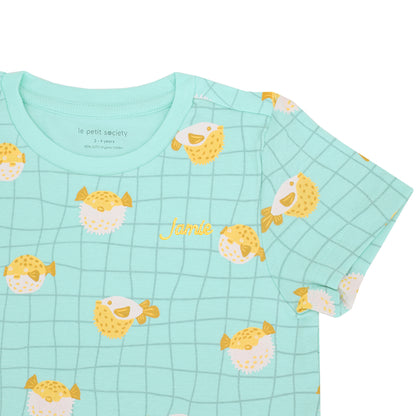 Kids Short Sleeves Organic Pyjamas Set in Puffer Fish Print by Le Petit Society — image 4