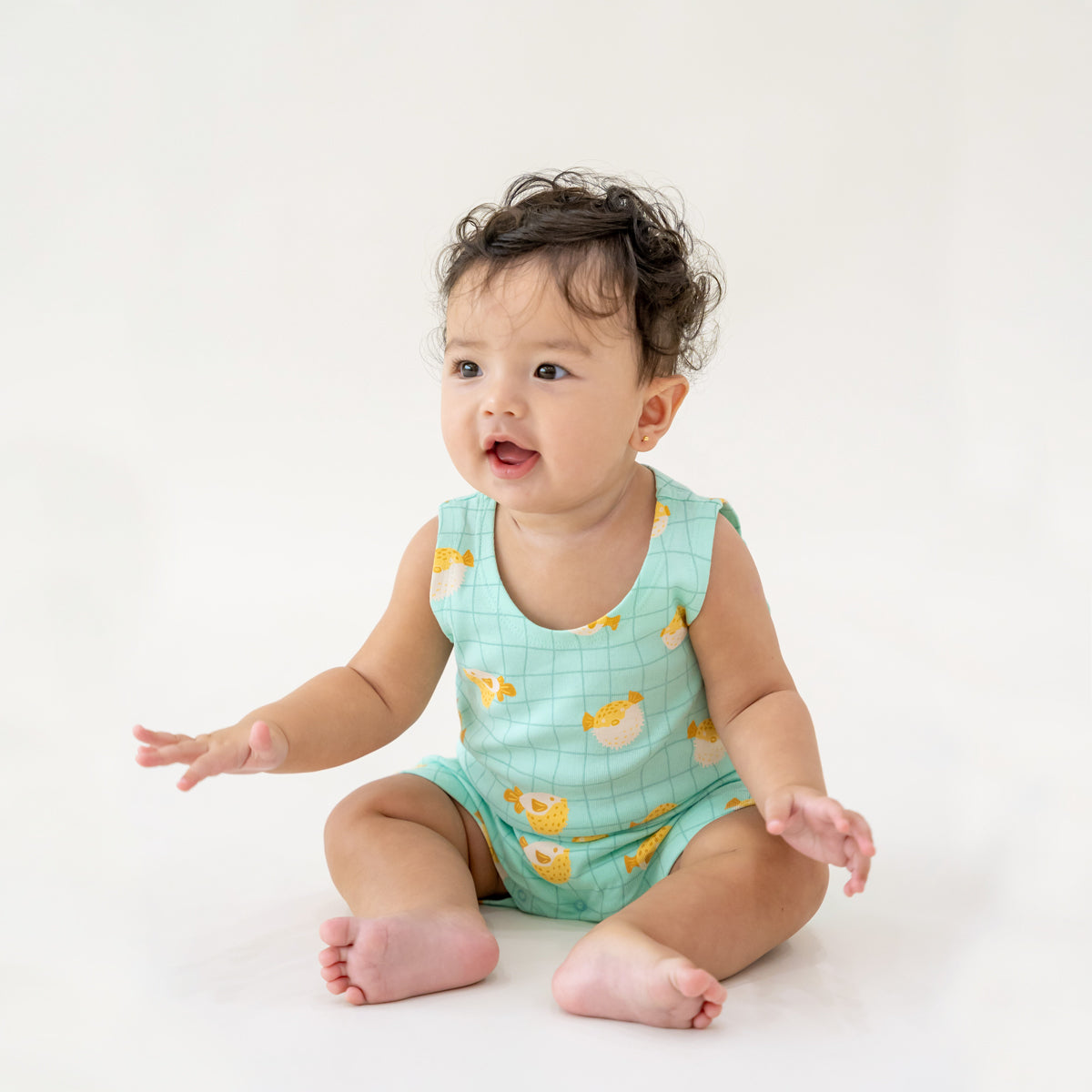 Baby Organic Sleeveless Romper in Puffer Fish Print by Le Petit Society