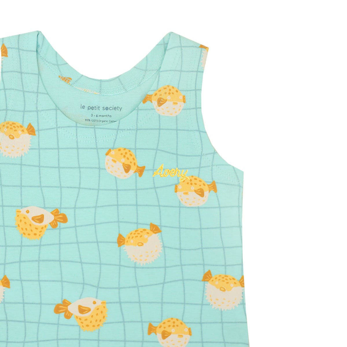 Baby Organic Sleeveless Romper in Puffer Fish Print by Le Petit Society — image 5