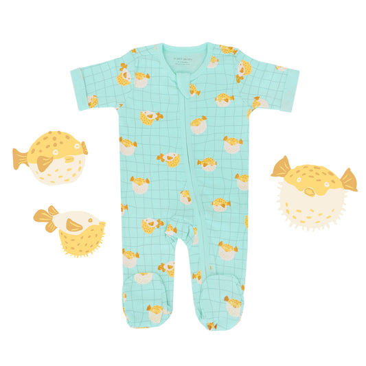 Baby Organic Short Sleeves Zip Sleepsuit in Puffer Fish Print by Le Petit Society