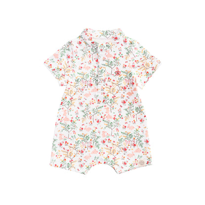 Rabbit Series - Baby Boy Jersey Shirt Romper in Pink Woodlands Print by Le Petit Society — image 6