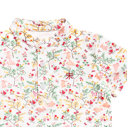 Rabbit Series - Boys Jersey Shirt in Pink Woodlands Print by Le Petit Society — image 2