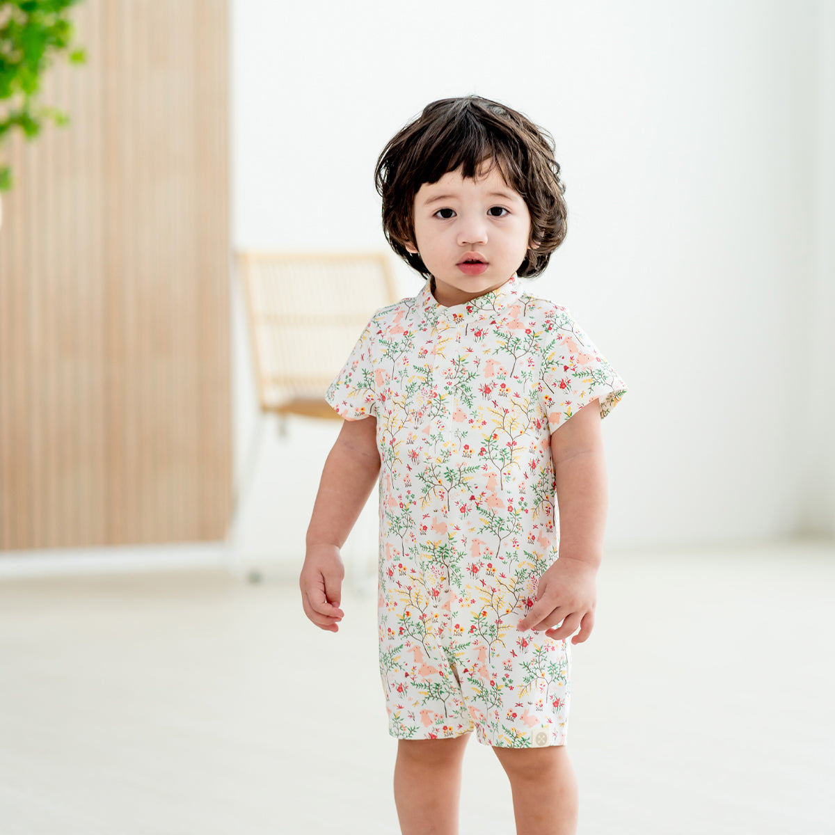 Rabbit Series - Baby Boy Jersey Shirt Romper in Pink Woodlands Print by Le Petit Society — image 5