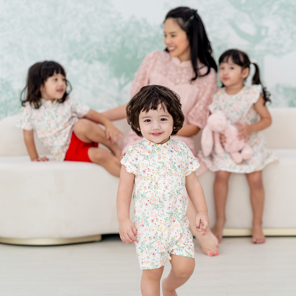 Rabbit Series - Baby Boy Jersey Shirt Romper in Pink Woodlands Print by Le Petit Society — image 7