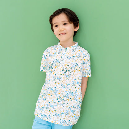 Rabbit Series - Boys Jersey Shirt in Beige Woodlands Print by Le Petit Society