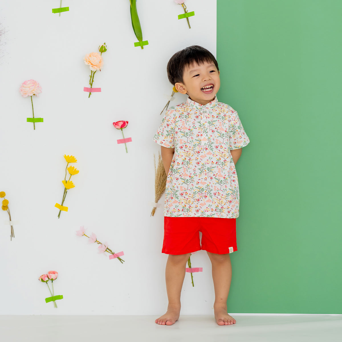 Rabbit Series - Boys Jersey Shirt in Pink Woodlands Print by Le Petit Society — image 4