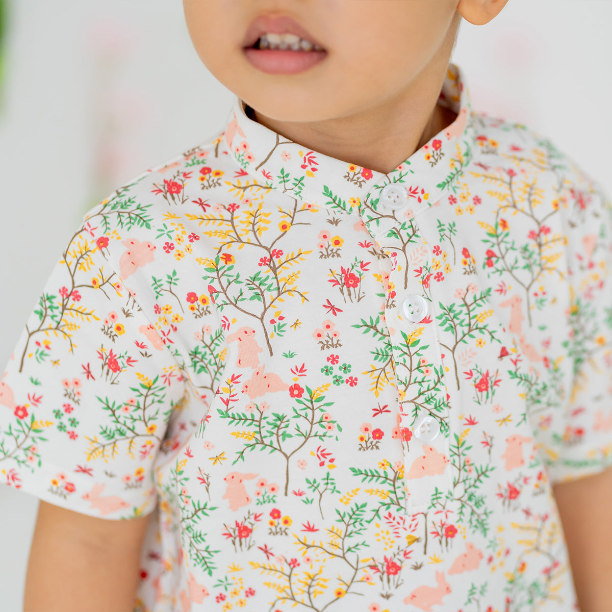 Rabbit Series - Boys Jersey Shirt in Pink Woodlands Print by Le Petit Society — image 3