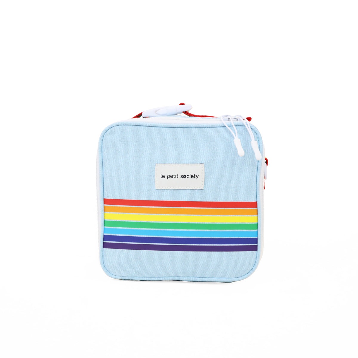 A blue thermal lunch bag with a rainbow print from Le Petit Society.