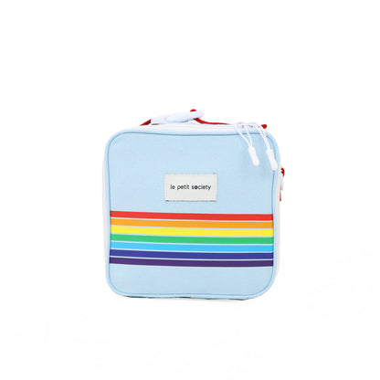 A blue thermal lunch bag with a rainbow print from Le Petit Society.