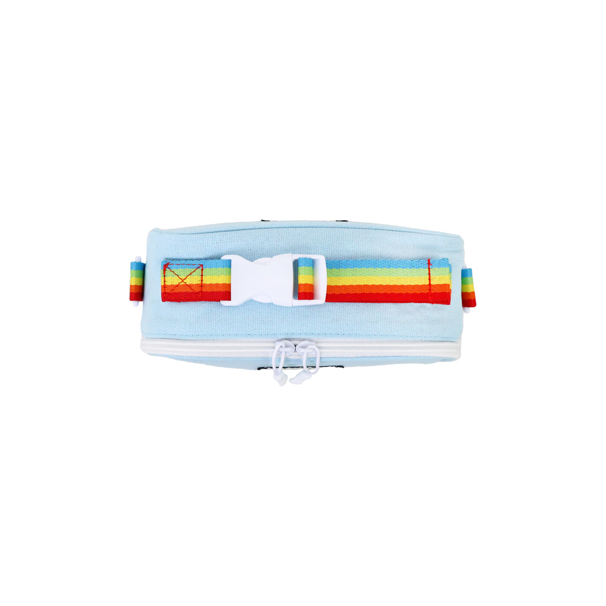 The rainbow bag strap of a thermal lunch bag from Le Petit Society.