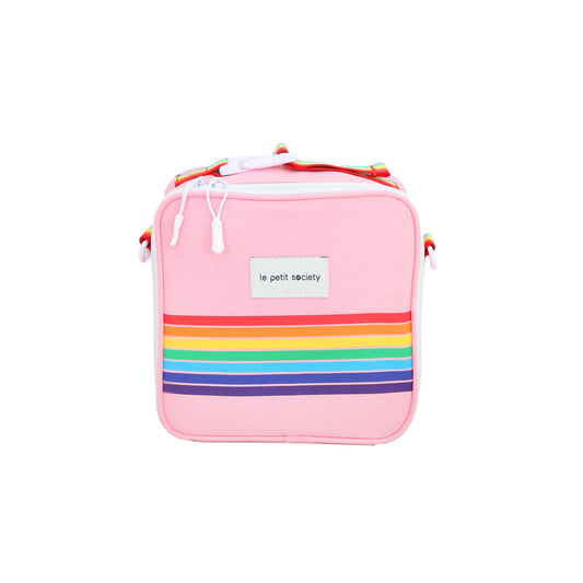A pink thermal lunch bag with a rainbow print by Le Petit Society.