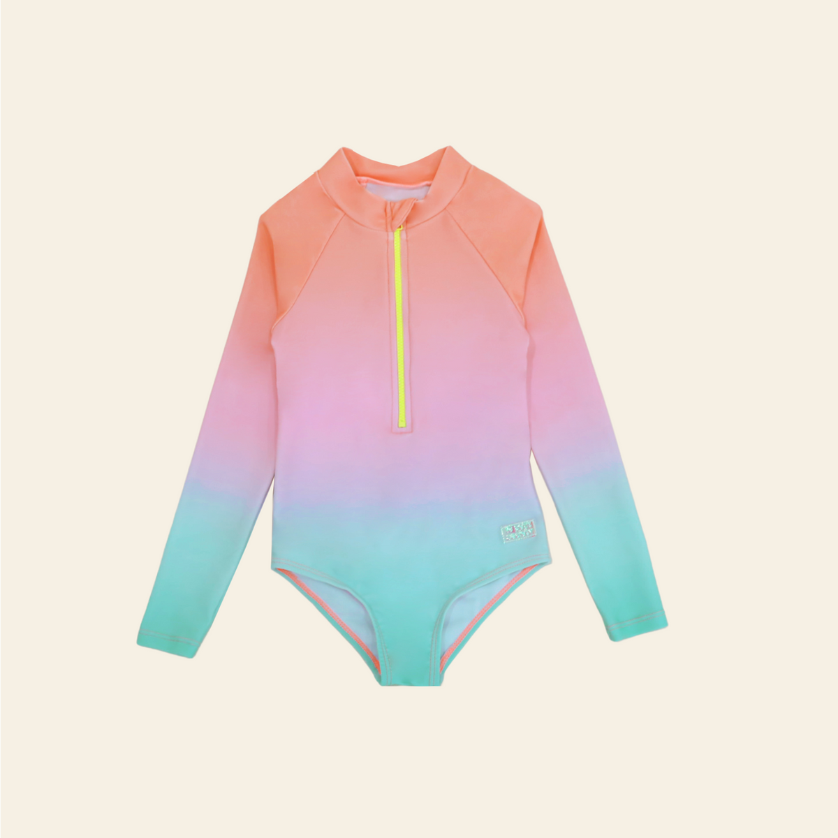 Kids long-sleeve rash swimsuit in pastel gradient with front zip and UPF 50 protection