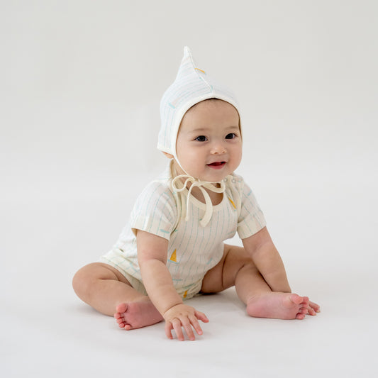 Baby Organic Short Sleeve Romper in Sail Boat Print by Le Petit Society