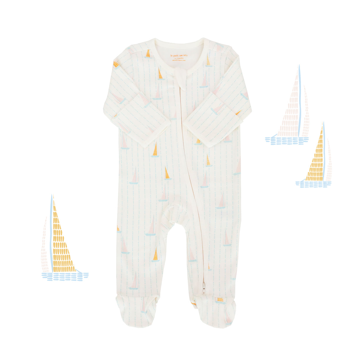 Baby Organic Zip Sleepsuit with Foldable Mittens & Footies in Sail Boat Print by Le Petit Society — image 13