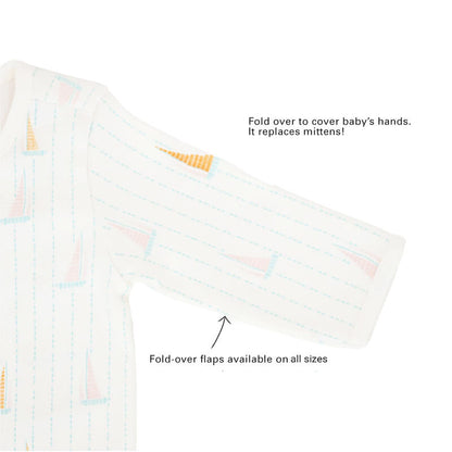 An infographic showing the mittens of an organic baby zip sleepsuit, which come with fold over flaps to cover a baby's hands and keep them warm.
