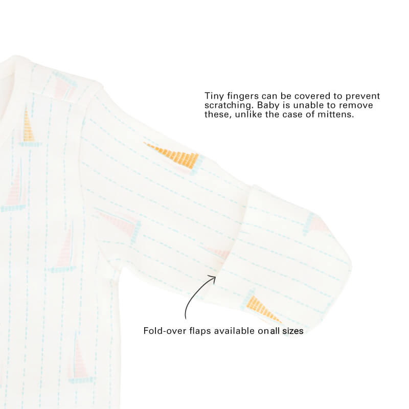 An infographic showing the mittens of an organic baby zip sleepsuit, which come with fold over flaps to cover a baby's hands and keep them warm.
