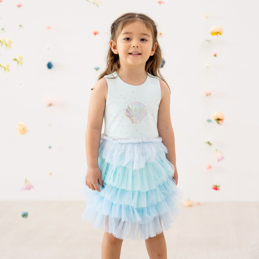 Girls seashell tiered party dress in mint with tulle skirt and elastic waistband