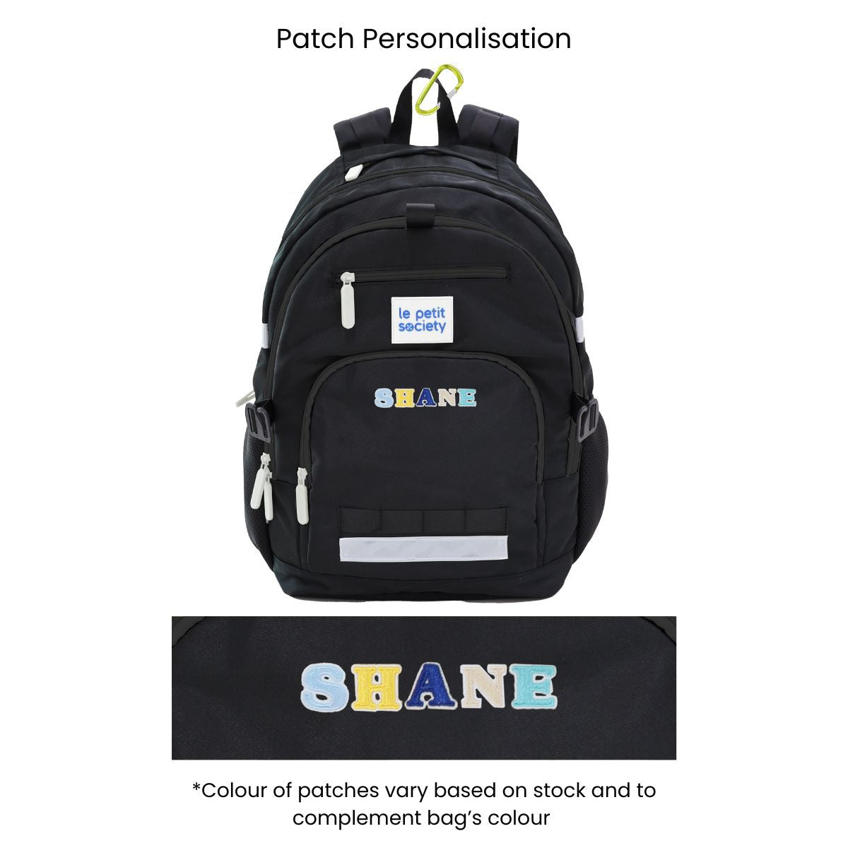 The LPS kids double pocket school bag in black with personalised name patches.