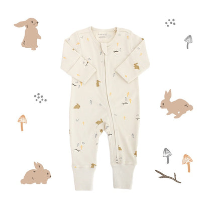 Baby Organic Zip Sleepsuit with Foldable Mittens & Footies in Beige Rabbit by Le Petit Society