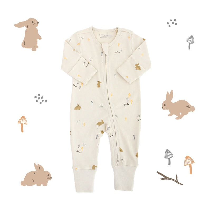 Baby Organic Zip Sleepsuit with Foldable Mittens & Footies in Beige Rabbit by Le Petit Society — image 11