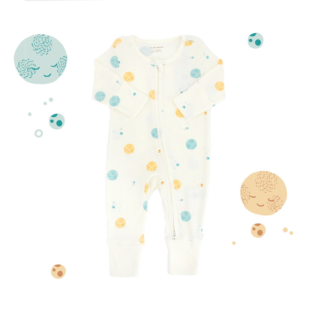 Baby Organic Zip Sleepsuit with Foldable Mittens & Footies in Planets by Le Petit Society — image 2