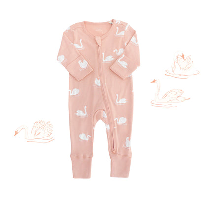 Baby Organic Zip Sleepsuit with Foldable Mittens & Footies in Swan by Le Petit Society