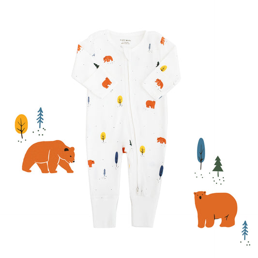 Baby Organic Zip Sleepsuit with Foldable Mittens & Footies in Bear by Le Petit Society