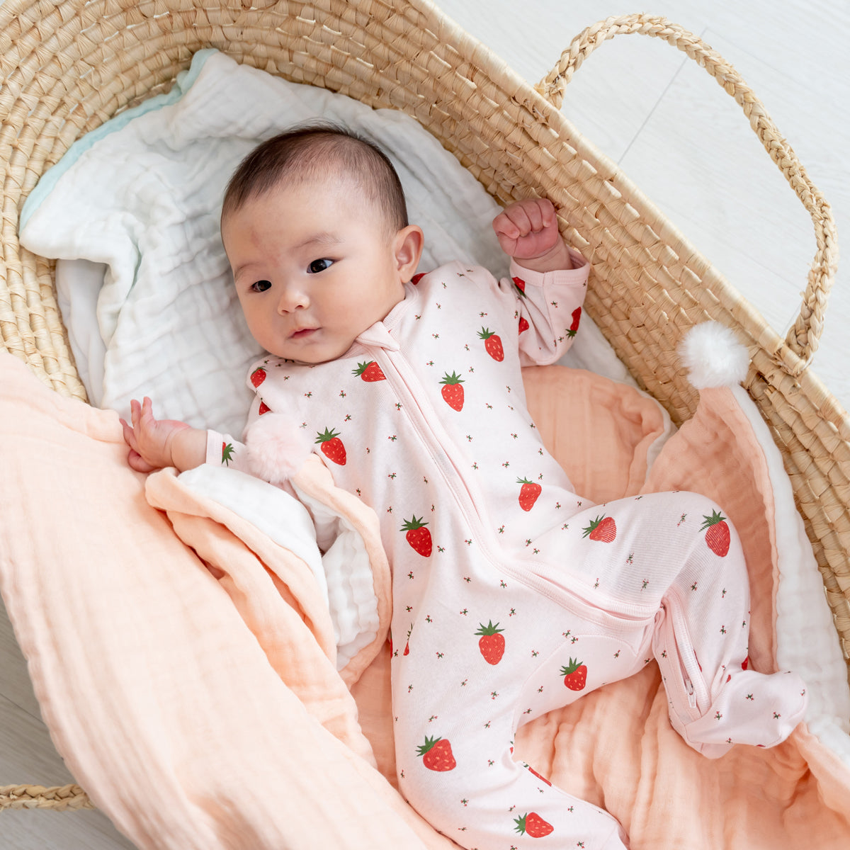 Baby Organic Zip Sleepsuit in Strawberry Print (Personalisable) by Le Petit Society — image 2