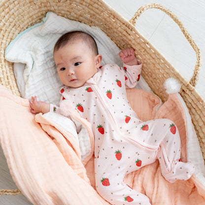 Baby Organic Zip Sleepsuit in Strawberry Print (Personalisable) by Le Petit Society — image 2