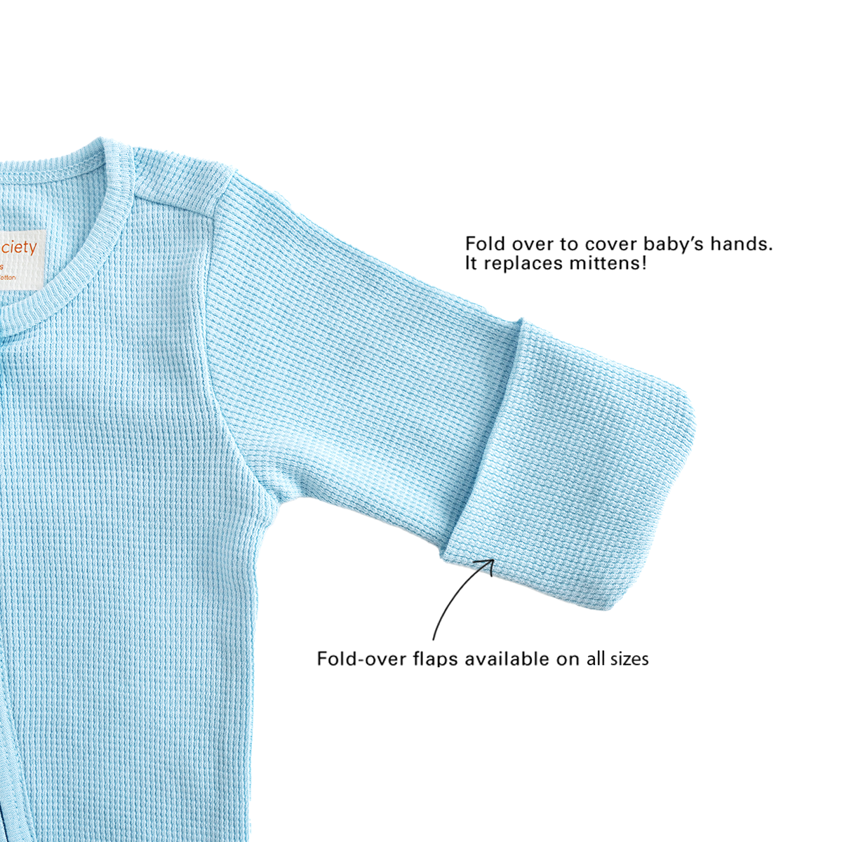 A baby organic zip sleepsuit in blue by Le Petit Society, with fold over flaps at the sleeves to cover a baby's hands, acting as a substitute for mittens.
