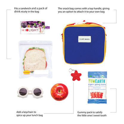 Infographic showing the snacks and accessories that can be stored in Le Petit Society's colour block thermal lunch bag.