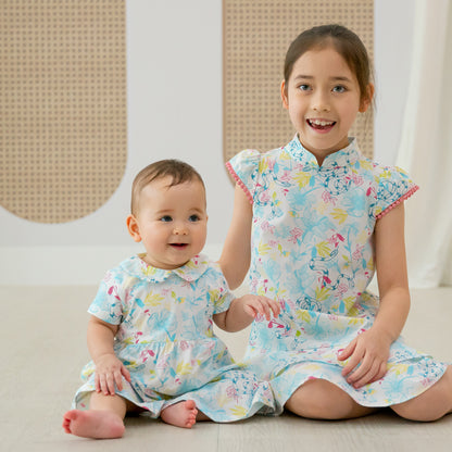 Zodiac Series - Baby Girl Jersey Dress in White Floral Snake Print by Le Petit Society — image 2