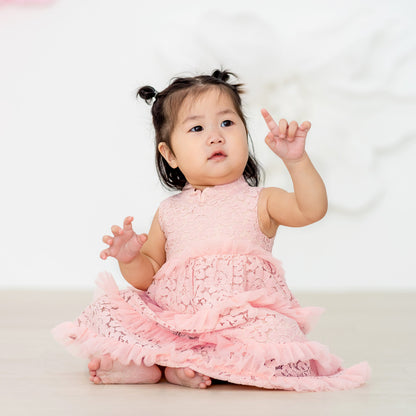Spring Series - Baby Girl Tiered Dress in Pink Lace by Le Petit Society — image 4