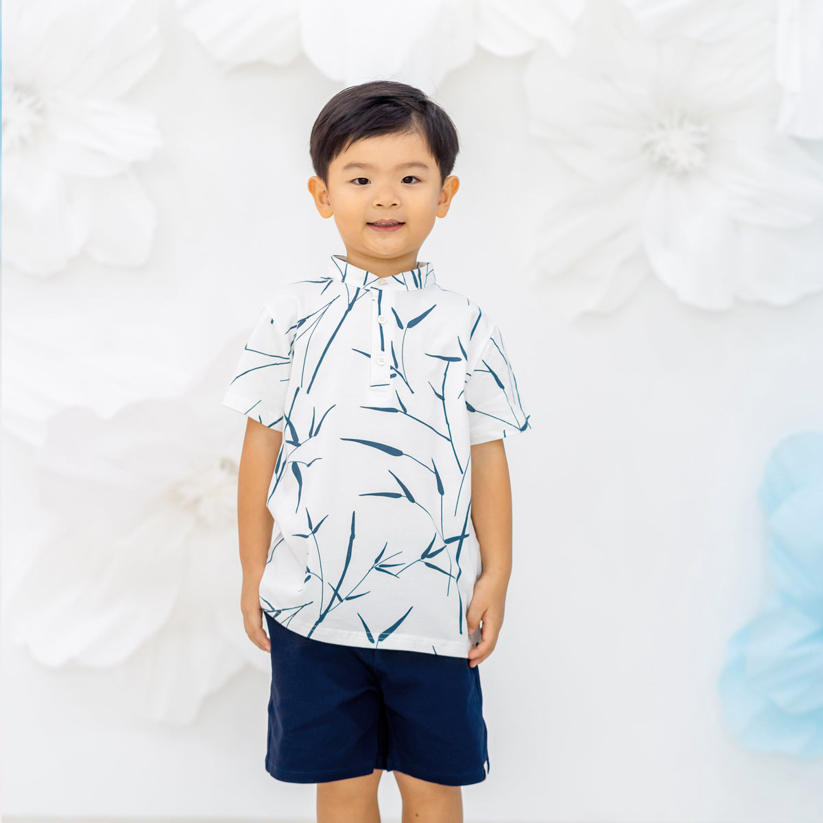 Spring Series - Boys Jersey Shirt in White Bamboo Print by Le Petit Society — image 8