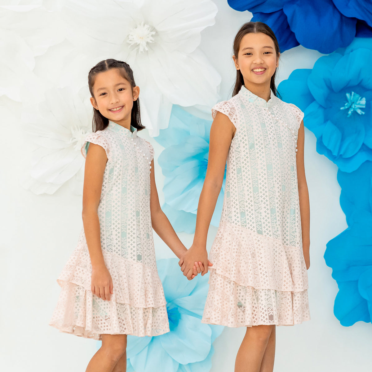 Spring Series - Girls Lace Cheongsam in Pink/Mint Contrast by Le Petit Society — image 5