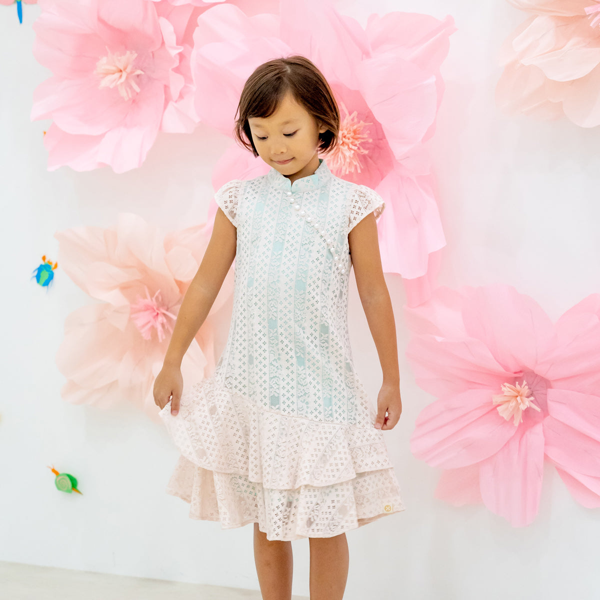 Spring Series - Girls Lace Cheongsam in Pink/Mint Contrast by Le Petit Society — image 6