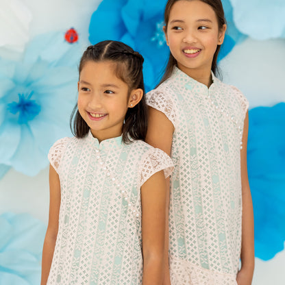 Spring Series - Girls Lace Cheongsam in Pink/Mint Contrast by Le Petit Society — image 10