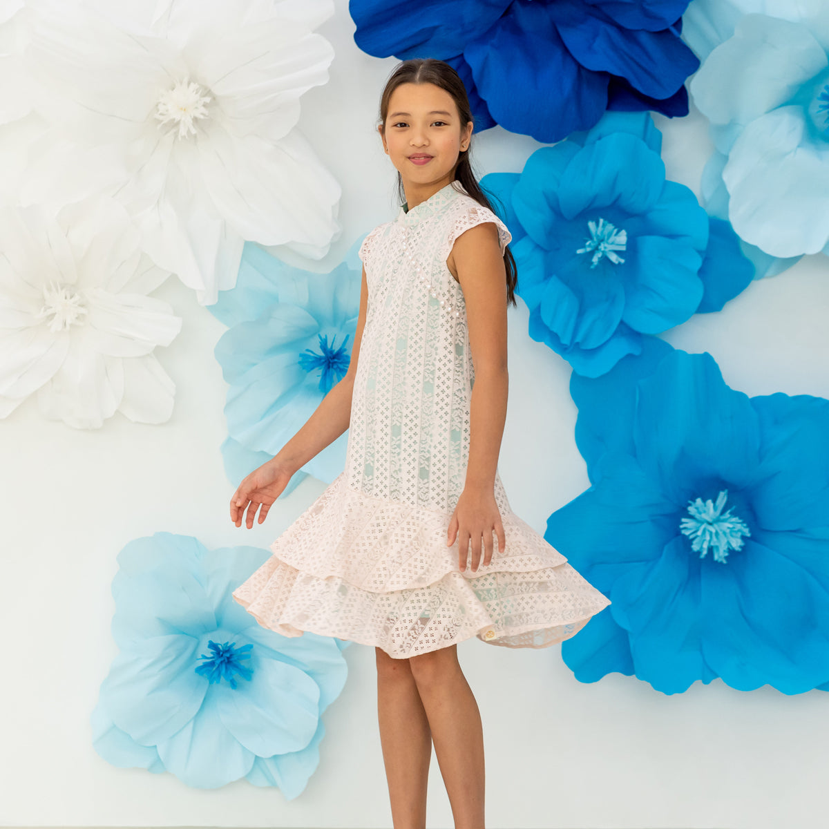 Spring Series - Girls Lace Cheongsam in Pink/Mint Contrast by Le Petit Society — image 2