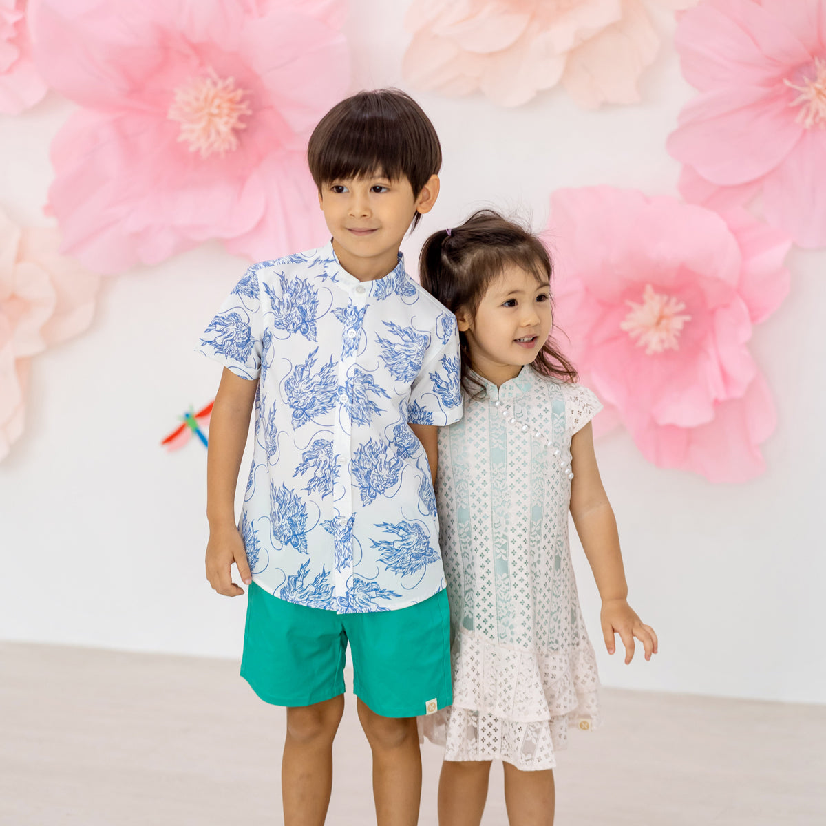Spring Series - Girls Lace Cheongsam in Pink/Mint Contrast by Le Petit Society — image 4