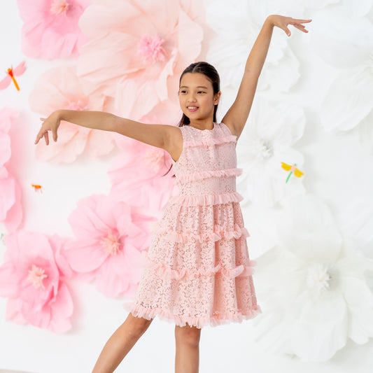 Spring Series - Girls Tiered Dress in Pink Lace by Le Petit Society