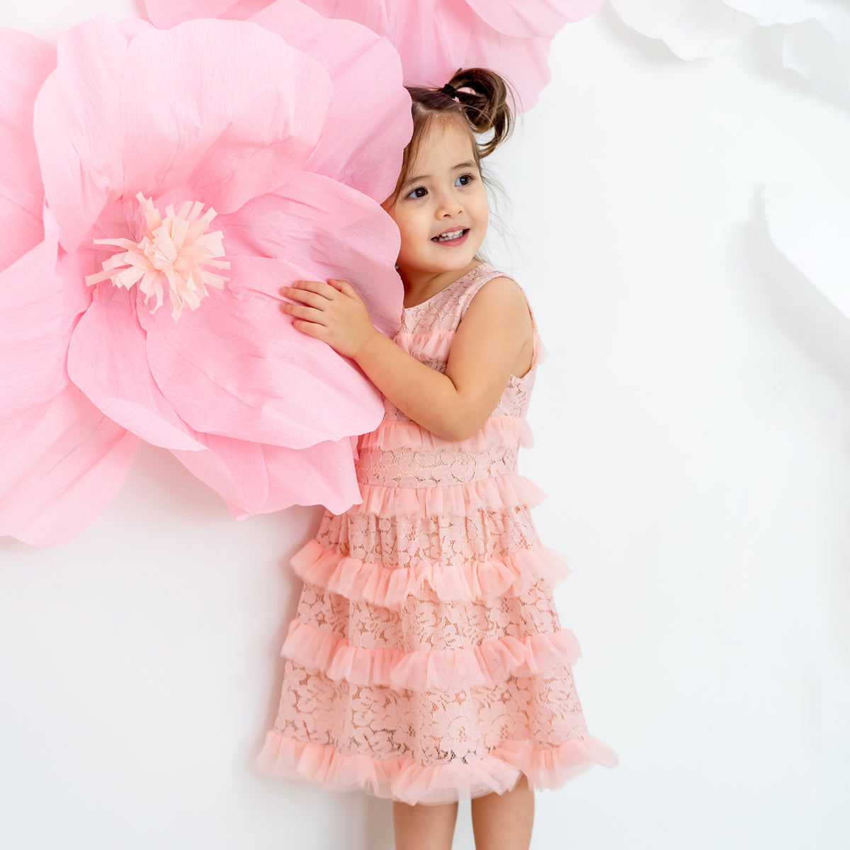 Spring Series - Girls Tiered Dress in Pink Lace by Le Petit Society — image 4