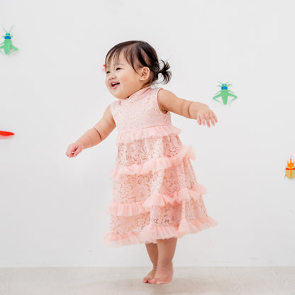 Spring Series - Baby Girl Tiered Dress in Pink Lace by Le Petit Society — image 8