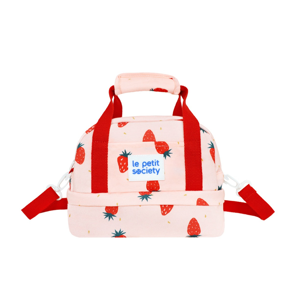 A pink thermal lunch bag in strawberry print by Le Petit Society.